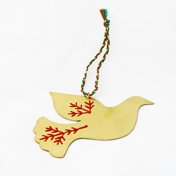 Embroidered Dove Ornament in Copper or Brass