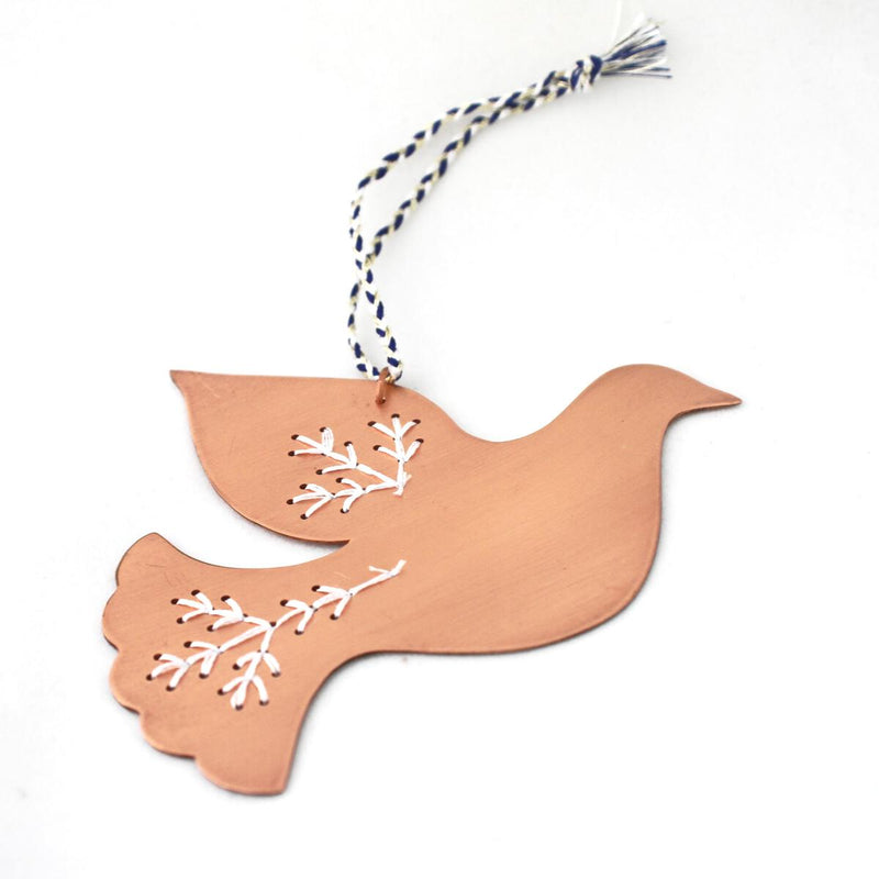 Embroidered Dove Ornament in Copper or Brass