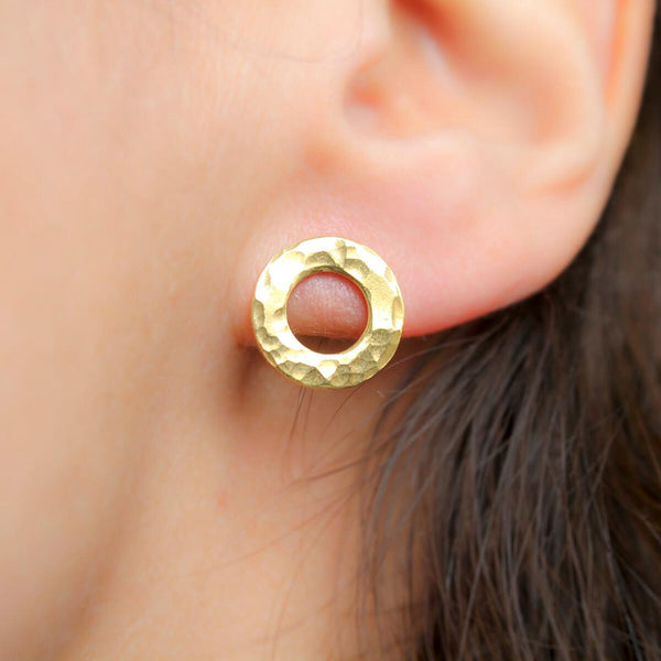 Hammered Brass Open Circle Stud Earrings